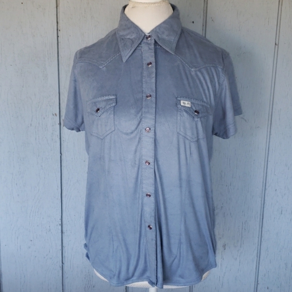 Western Blue Button Down Shirt XL Suede Cowgirl Vaquera Western Ranch Rodeo